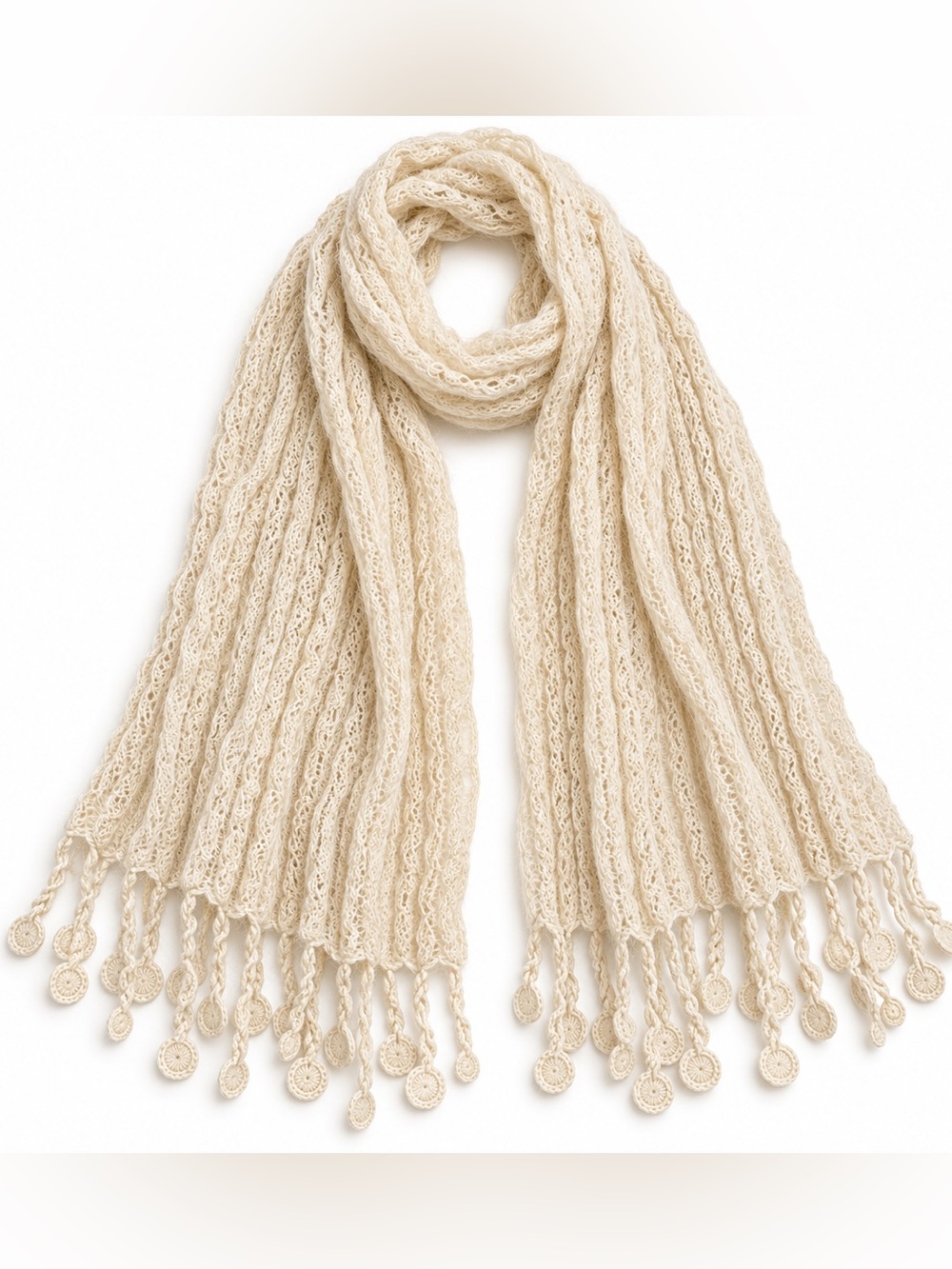 Alpaca International 100% Baby Alpaca Knit Scarf Shawl Ivory Peru 84x20